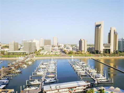 Aerial View Waterfront Corpus Christi Skylines And Marina Piers Stock