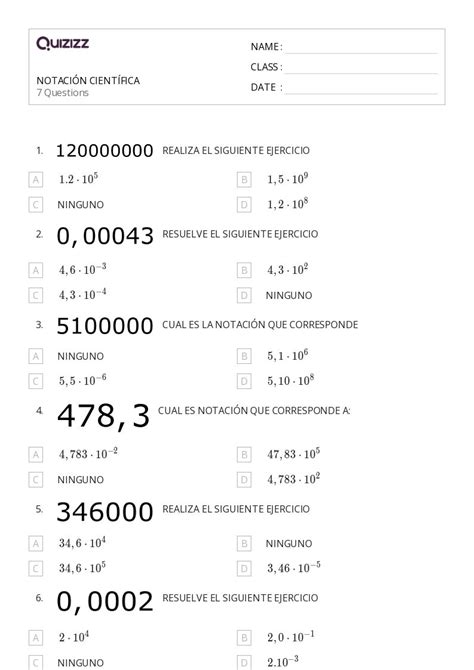 Notaci N Cient Fica Hojas De Trabajo Para Grado En Quizizz