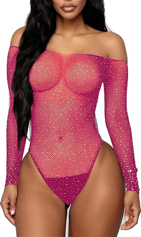 Jfan Womens Sexy Lingerie Sparkle Glitter Rhinestones Fishnet Teddy Nightdress Sheer Mesh