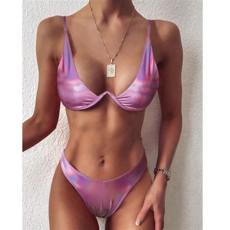 Ensemble De Bikini Pour Femmes En Cuir Couleur Unie Avec Soutien Gorge Rembourr Maillot Bain