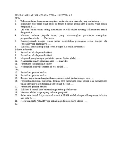 Penilaian Harian Kelas 6 Tema 1 Subtema 3 Pdf