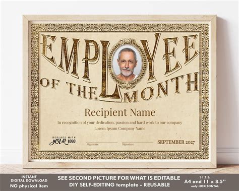 Employee Of The Month Year Editable Certificate Template Etsy