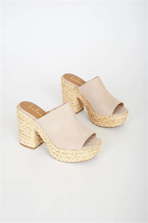 Ervyn Light Nude Suede Raffia Platform Slide Sandals Shoes Women Heels Raffia Sandals Chic Heels