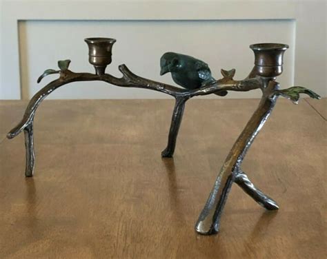 Bird Perched On A Branch Brass And Verdigris 2 Taper Candle Holder Ebay