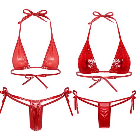 Women S 2 PCS Shiny Metallic Lace Up Bikini Set Bra Top With Thongs Swimsuit EBay