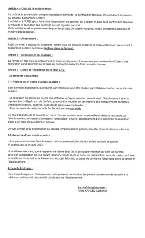 Contrat de scolarisation Établissement St André Maternelle