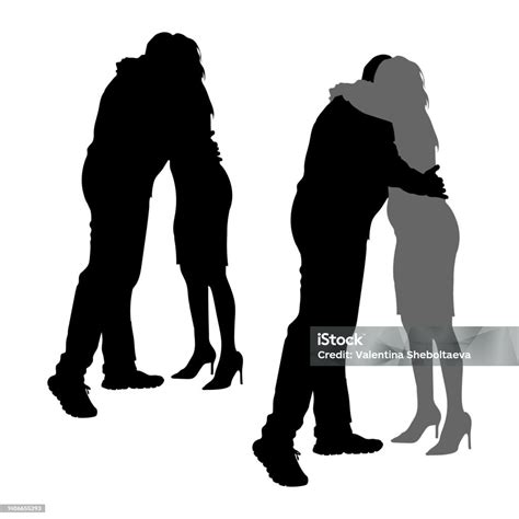 두 명의 포옹하는 사람들 결혼 한 커플 남자와 여자가 기뻐하고 데이트에서 사랑에 빠진 부부의 벡터 실루엣 임산부 2명에 대한 ...