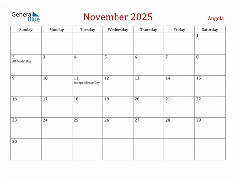 November 2025 Angola Monthly Calendar with Holidays
