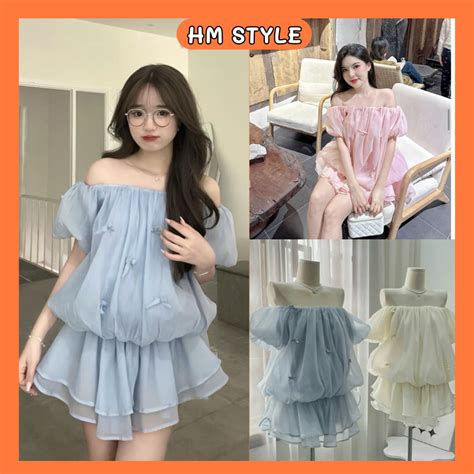 Váy áo xốp dáng bí hot đính nơ lớp trễ vai nhún eo tay bồng k kèm quần áo trễ vai chất xốp