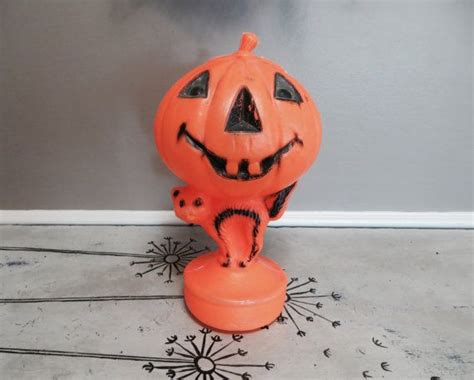 Vintage Plastic Light Up Pumpkin Halloween Jack O Lantern With Black