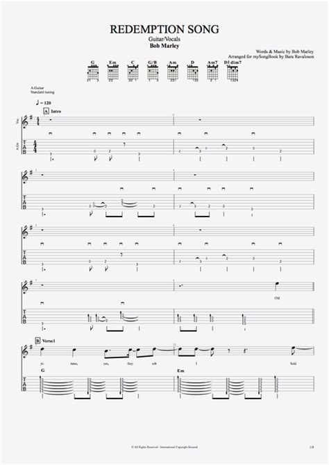 Redemption Song Tab By Bob Marley Guitar Pro Guitar Vocals