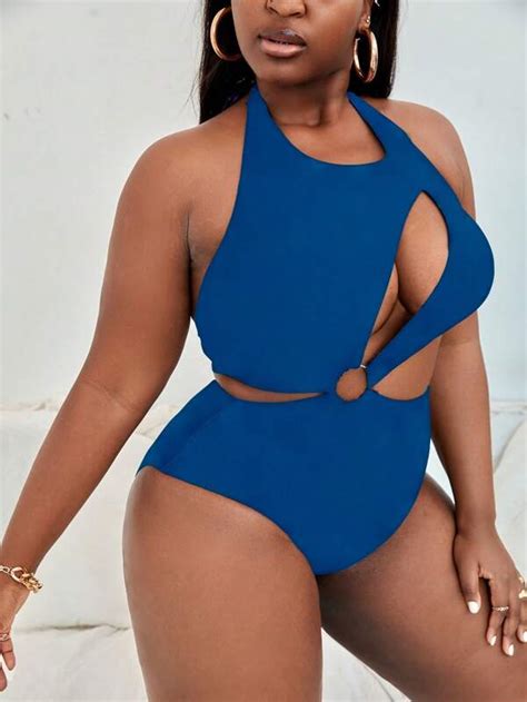 Plus Ring Linked Cut Out Halter One Piece Swimsuit Shein Usa