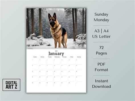 german shepherd  calendar sunday monday start printable monthly instant  home