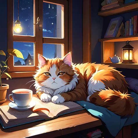 Cute Cat Lies And Sleeps In A Cozy Attic At Home With A Cup Of Coffee