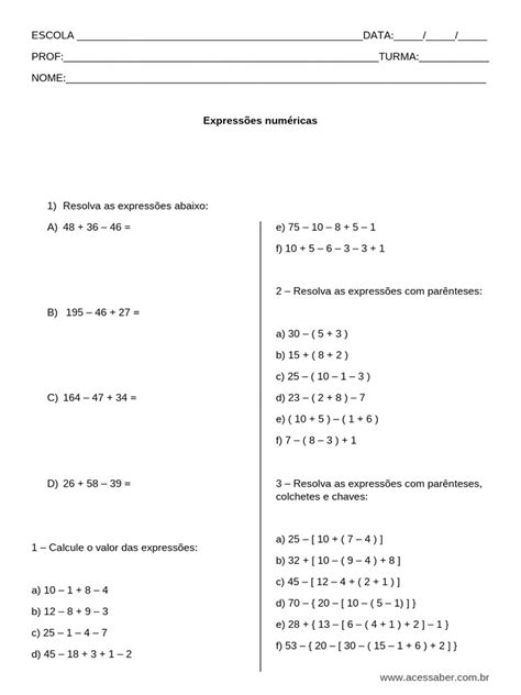Expressões Numéricas 4º Ano - Atividades de Expressões Numéricas 4º Ano | PDF