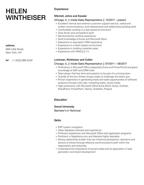 Inside Sales Representative Resume Samples Velvet Jobs