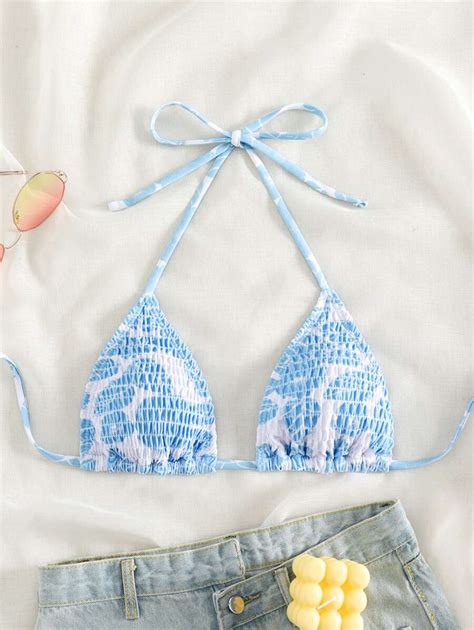 Swim Mod Summer Beach Floral Print Smocked Triangle Bikini Top SHEIN USA