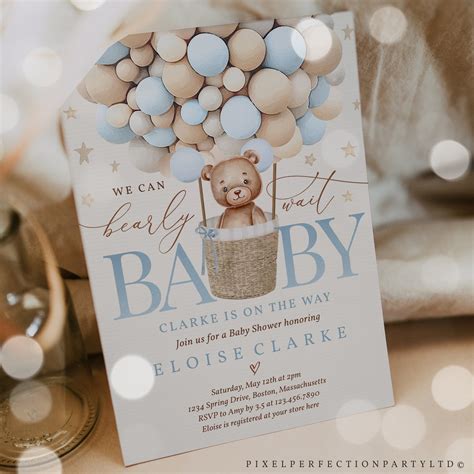 Editable Teddy Bear Hot Air Balloon Baby Shower Invitation Boy Etsy