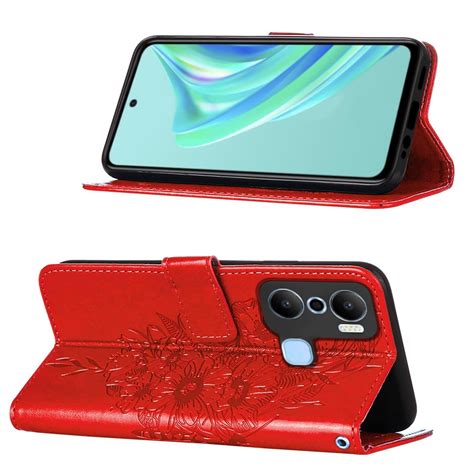 For Infinix Hot Play Embossed Butterfly Flip Leather Phone Case Red Alexnld