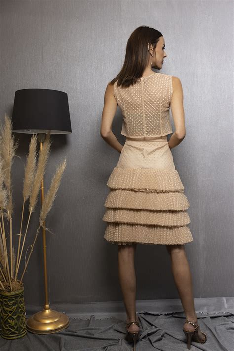 Beltza Nude Özel Tasarım Etek Crop Eteği ve Kat Kat Plise Volanlı Mezuniyet Davet Elbisesi