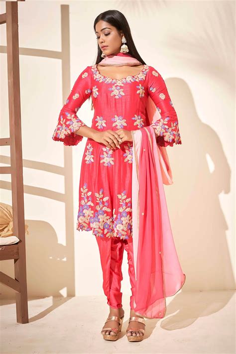 Buy Suruchi Parakh Pink Tussar Silk Embroidered Anarkali Set Online