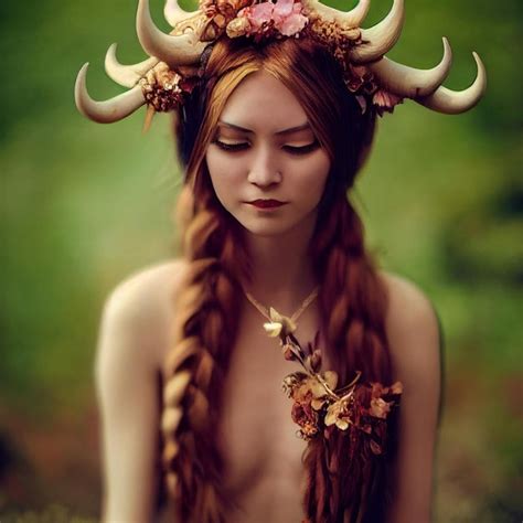 Premium Photo Nude Woman In Forest With Horned Headpiece And Flowers