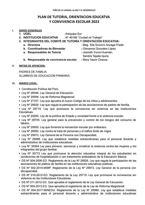 Plan Anual De Tutoria I E Cmt A O De La Unidad La Paz Y El