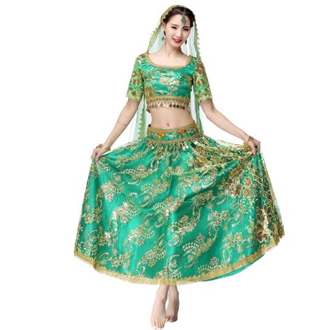 Indian Professional Belly Dancing Costumes 4pcs Top Skirt Blet Sari