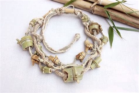 Knitted Statement Necklace With Bamboo Beads Beige By Rrradionica 9900 Knitted Necklace