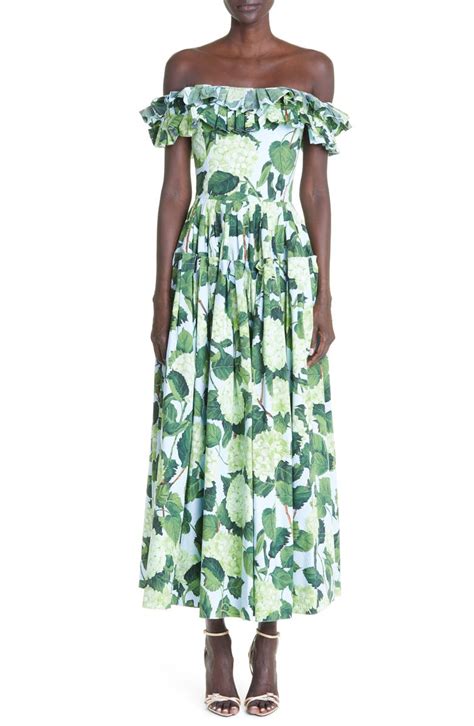 Oscar De La Renta Hydrangea Off The Shoulder Stretch Poplin Maxi Dress