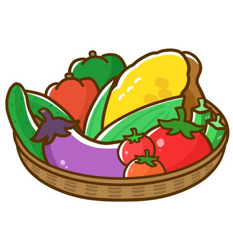 【栄養・食べ物・野菜・夏】夏野菜のかご盛り合わせのかわいいフリーイラスト | フタバのフリーイラスト