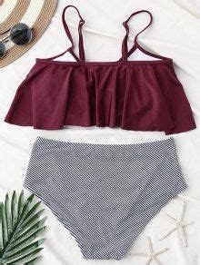 Stripe Panel High Waisted Bikini Set In WINE RED ZAFUL 2025