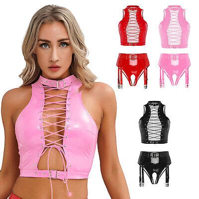 Womens Lingerie Set Wet Look Crop Top With Garter Underwear Naughty Clubwear Ebay