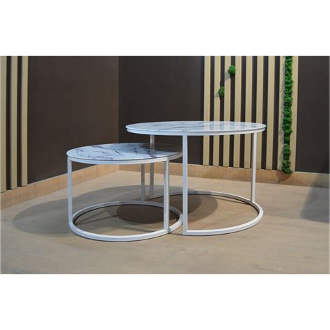 Кофейные столики круглые со стеклянной столешницей 2 шт белый мрамор ...