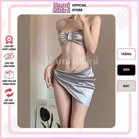 Set bikini Nữ 3 chi tiết sang chảnh BLINGBLING nhũ bóng sẵn đẹm mút kèm khăn quấn 3 màu đen