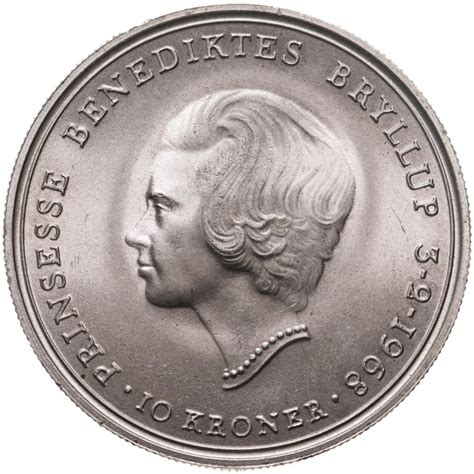 Монета Дания 10 крон 1968 "Свадьба Принцессы Бенедикты" стоимостью 3000 ...