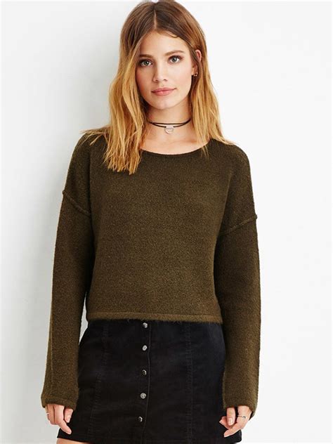 Buy Forever 21 Women Olive Green Solid Crop Sweater Sweaters For