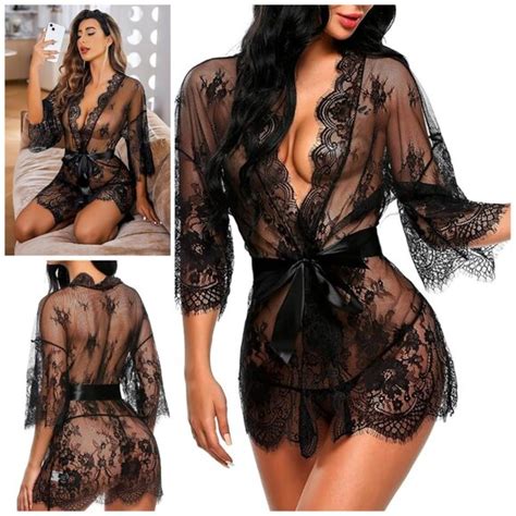 Intimates Sleepwear Womens Lace Kimono Robe Babydoll Lingerie Mesh Nightgown Poshmark