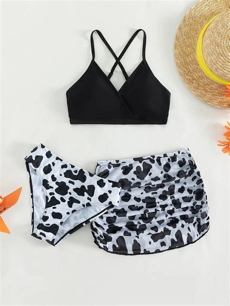 Shein Teen Girl Cow Print Criss Cross Bikini Set With Beach Skirt