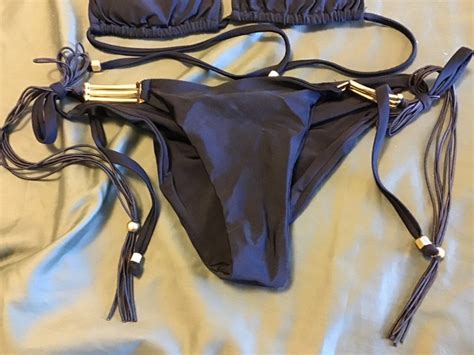 Lady Lux Black W Gold Hardware Swimwear String Triangle Bikini Set Sz L EBay