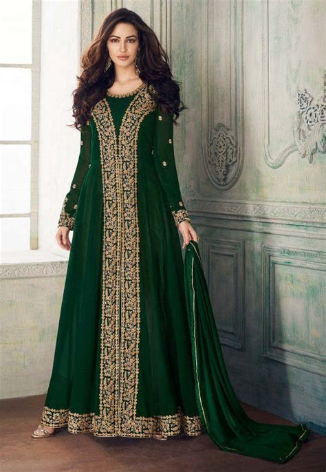 Buy Embroidered Georgette Abaya Style Suit In Dark Green Online