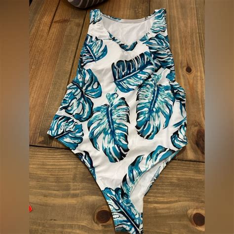 Unbranded Swim Sexy One Piece Side Boob Leaf White Blue Swim Suit Size Large Monokini Poshmark