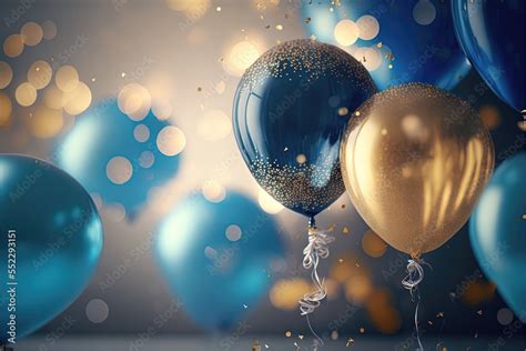 Realistic Festive Background With Golden And Blue Balloons Falling