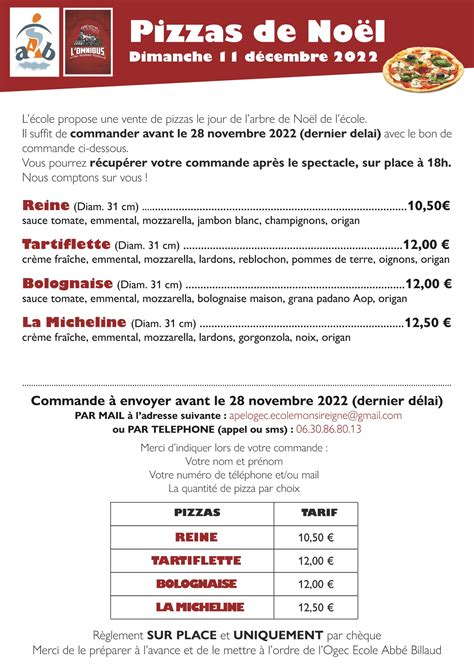 Flyer Pizzas de Noël 2020 2021 COMMANDE EXTERIEURE Monsireigne Pays