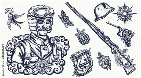 World War One Military Pilot In Uniform Old School Tattoo Vector