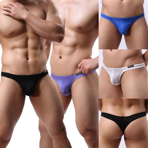 3PCS Sexy Men Ice Silk Thongs G Strings T Back Gay Translucent Smooth