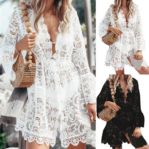 Women S Lace Bathing Suit Cover Up Boho Beach Maxi Bikini Sundress Hollow Dress Ebay