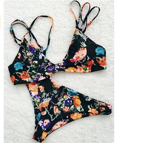 Fashion Background Black Floral Print Two Piece Bikini Two Straps On Luulla