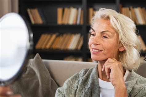 Premium Photo Love Yourself Beautiful Old Mature Woman Enjoying Mirror Reflection Senior Adult