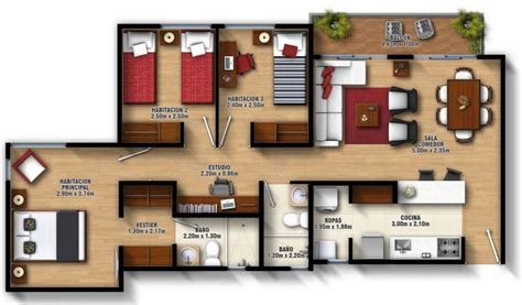 plano de casa moderna de 3 habitaciones y 2 baños en una planta